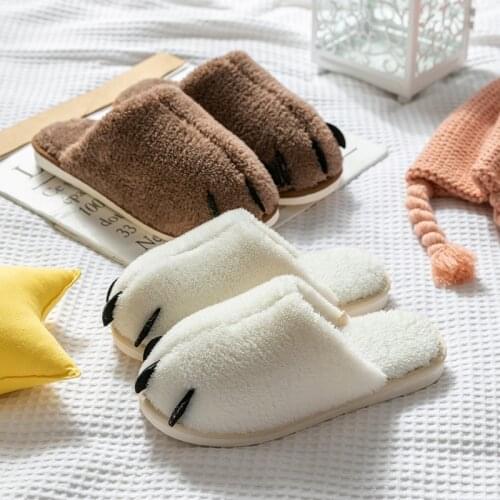 Cartoon Bear Paw Women Winter Plush Keep Warm Couple Home Slipper Anti-Slip Flat Soft Furry Indoor Shoes Bedroom Cotton Slippers