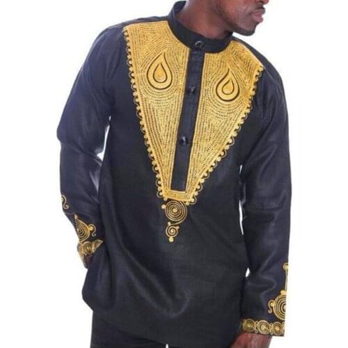 Muslim African Mens T-shirt Slim Stand Collar Printing Long Sleeve Shirt Printing Mid-length T-shirt Fashion Tradition Top Male