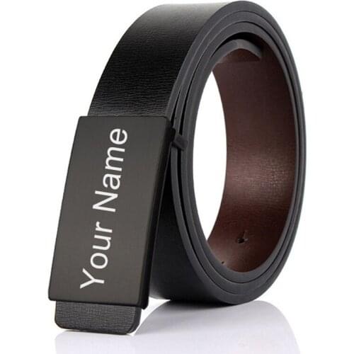Personalized Leather Belt Men Waistband Custom Engraved Name & Logo Black Smooth Buckle Belts Mens Accessories Father Day Gift