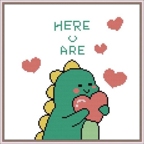 Love heart Dinosaur Cross Stitch Kits DIY Cartoon Pattern Aida 14CT 11CT Counted Canvas Printed Embroidery Set Needlework Crafts