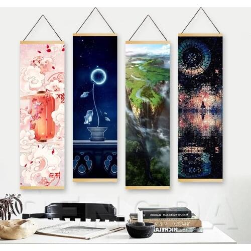 Wall Art Home Decor Printed Canvas Animation Character Poster Wooden Scroll Hanging Painting Scenery Pictures Bedside Background
