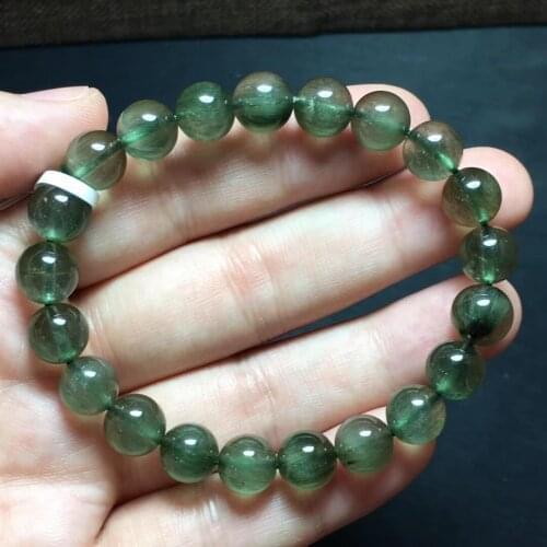 Genuine Natural Green Rutilated Quartz Cat Eye Bracelet 9mm Brazil Women Men Stretch Crystal Round Bead Bracelet AAAAAA
