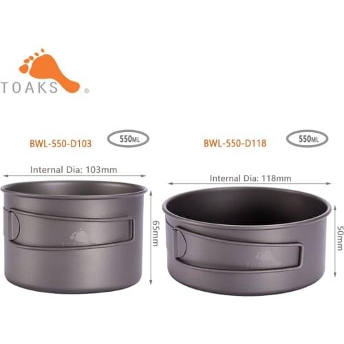 TOAKS BWL-550 Camping Titanium Bowl with Folding Handle Lightweight Portable Tablware Cookware 550ml