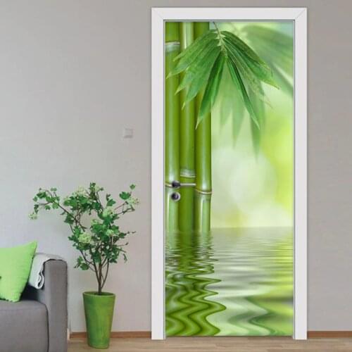 PVC Self-Adhesive Waterproof Door Sticker Modern 3D Green Bamboo Leaf Photo Wallpaper Living Room Home Decor Wall Mural Stickers