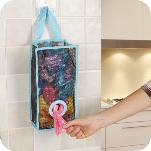 Hanging Mesh Garbage Bag Organizer Dispenser Kitchen Wall Mount Reusable Grocery Bags Holder Net Trash Bag Storage Pocket