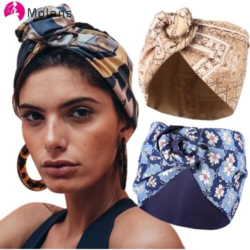 Molans Women Turban Headband Print Elastic Bandana Knotted Headwrap Long Scarf Ties Hairband Fashion Hair Accessories Headwear