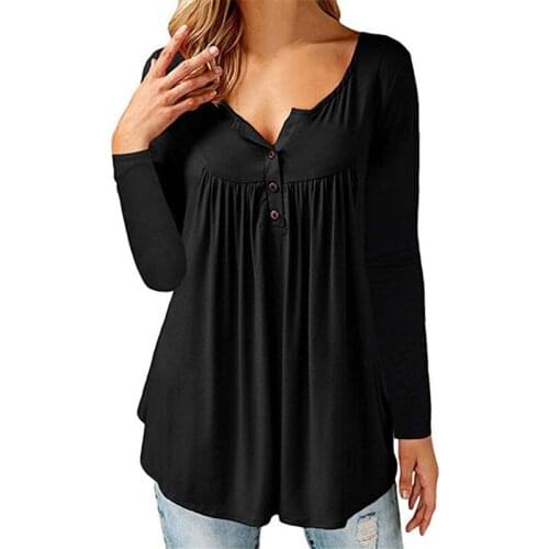 V-Neck Irregular New Auntumn Winter t shirt Women long Sleeve Row Pleats Button Ruched T-Shirt Tops drop shipping NVTX107