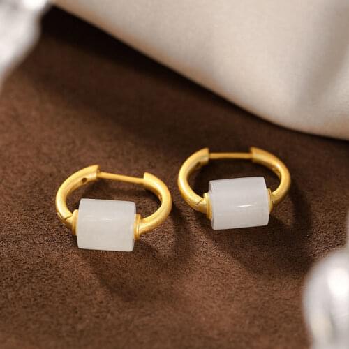 S925 Hetian Jade Jue Suet Womens as Right as Rain Cylindrical High-Grade Frosted Gold Vintage Earrings Eardrop Earring