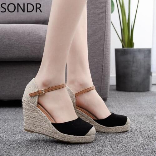 Womens Round Toe Wedge High Heel Ankle Belt Buckle Pumps Shoes Rome Summer Platform Linen Cotton Match Colors C495