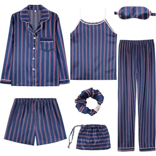 2020 Womens 7 Pieces Pajamas Sets Emulation Silk Striped Pajamas Women Sleepwear Sets Spring Summer Autumn Homewear