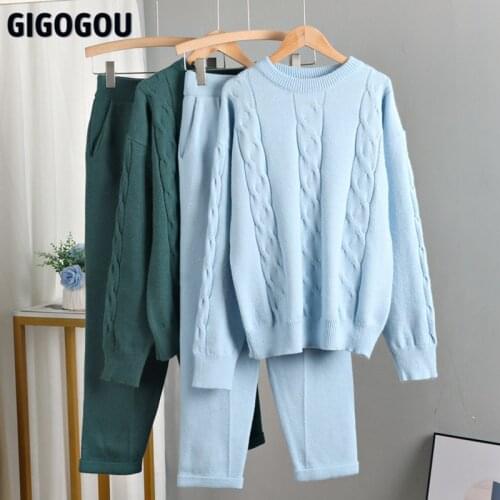 GIGOGOU Autumn Winter Women 2 Piece Pants Sets Oversized Women Crop Top Cable Twist Sweaters Cashmere Sport Knitted Tracksuits
