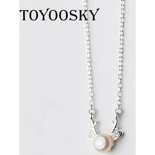 S925 Sterling Silver Necklace Fashion Sweet Crystal Antler Pearl Charm Necklace & Pendants Chain Jewelry for Women