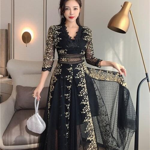 High Quality 2021 Spring Sexy V-neck Three Quarter Sleeve Mesh Embroidery Polka-Dot Dress Elegant Slim Draped Party Long Dresses