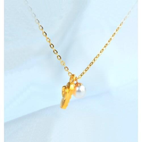 ZHIXI Real 24K 999 Gold Fine Jewelry Necklace Slipper and Natural Pearl Pendant Pure 18K AU750 Chain Wedding Gift for Women D568