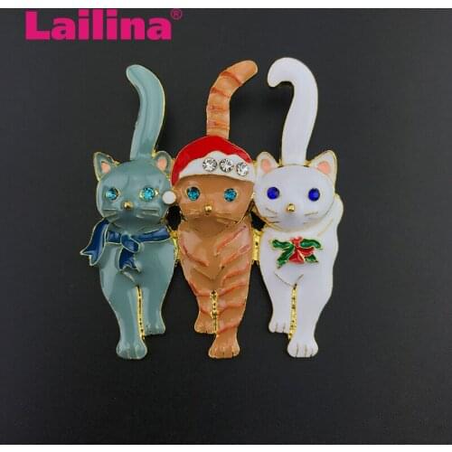 10pcs/ lot 50mm Rhinestone Christmas Pin Lovely Enamel Triple Cat Brooch For Christmas Gift