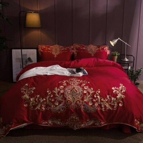 120S Egyptian Cotton Embroidery Luxury Royal Bedding Set 4pcs King Queen Wedding Bed Sheet set Duvet cover Pillowcase red 6pcs