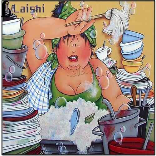 5D Round Drill Modern Home Decoration Diy Diamond Painting Cartoon Fat Lady do the washing up Needlework Full square Diamond