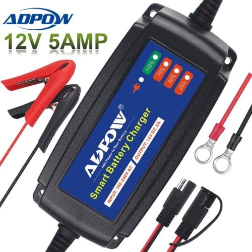ADPOW 5AMP Automatic Car Battery Charger 12v Intelligent 100-240V Boat Motorcycle Charger For Lead Acid Battery 5 Stage Charging