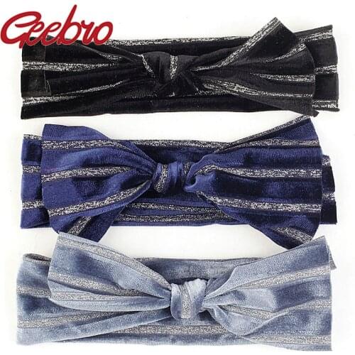 Geebro Newborn Baby Girls Velvet Bow Silver strip knot Headbands Girls Childs Toddler Soft Cotton Ribbed Turban Head Wrap Gifts