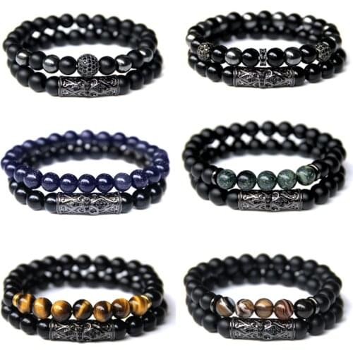 2 pcs Tiger Eye Bracelets For Men Natural Black Onyx Stone Beads Bracelet Couples Vintage Elastic Charm Bangle Women Jewelry