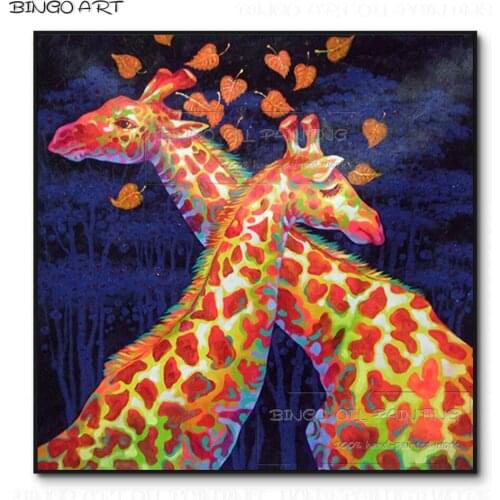 Cheap Price Hand-painted Funny Animals Giraffe Oil Painting on Canvas Handmade Lover Animal Giraffe Oil Painting for Living Room