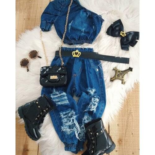 1-5Years Fashion Children Girls Summer Clothing Sets Denim One Shoulder Crop Tops+Ripped Hole Pockets Jeans Long Pants Outfits