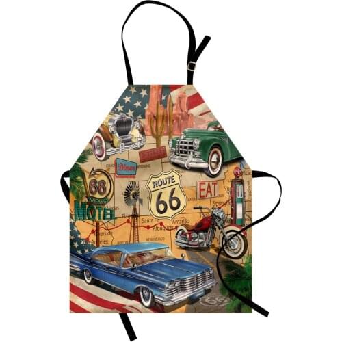 Route 66 Apron Old Fashioned Cars Motorcycle on a Map Road Trip Journey American USA Women Kids Cooking Baking Kitchen Bib