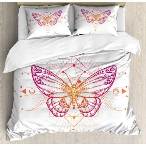 Geometry Duvet Cover Set Butterfly with Triangles and Bohemian Shapes 3 Piece Bedding Set Magenta Burnt Sienna Pale Orange