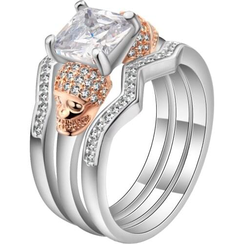 Hainon Luxury Ring Sets Clear Square Cubic Zirconia Rose Gold/Silver Color Skull Rings for Women Christmas Party Jewellery Gifts
