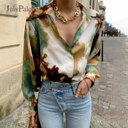 JulyPalette Fashion Ink Style Long Sleeve Shirt For Women Casual Single-breasted Printed Blouse Tops Korean Ladies Blusas 2021