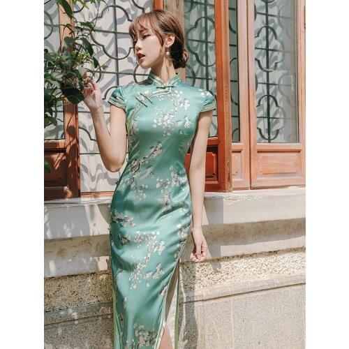 Chinese Dress Silk Green Printing Qipao Dress Plus Size High End 2021 Cheongsam Dresses Party Oriental Dresses China Clothes
