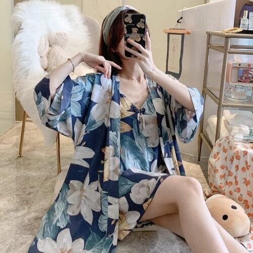 Robes Sets Ladies Night Gown Autumn Viscose Cotton Sexy V-neck Print Plus Size Sling Hawaiian Loose 2 Pieces Female Nightdress