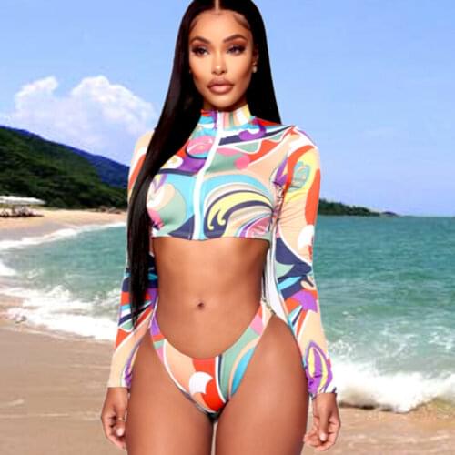 Summer Sexy Women High Waist Bikini Set Push Up Swimsuit Zip Up Long Sleeve Tops Bathing Suit Floral Print Swimwear Swimwears