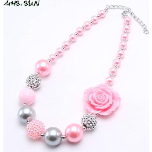 MHS.SUN Pink Style Girls Kids Chunky Beads Necklace With Rose Flower Child Bubblegum Beaded Necklace Fashion Chunky Jewelry 1PCS