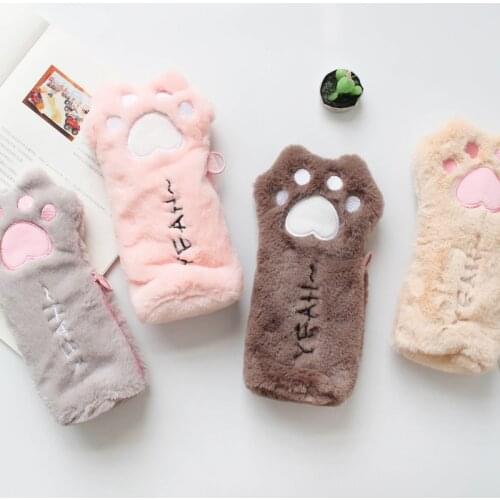 Kawaii Plush Cat Claw Cool Pencil Case Girls Boys School Office Supplies Makeup Brush Pencil Bag Pouch Purses Korean Stationery