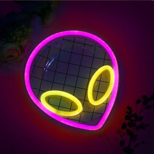 Neon Sign Alien Face Shaped Wall Hanging Lights for Home Childrens room Saucerman LED Night Lamps Xmas Party Holiday Art Decor