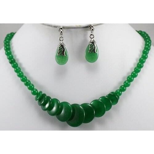 Wholesale simple style 8mm 18" green beads and coins necklace & stud earrings jewelry set 003