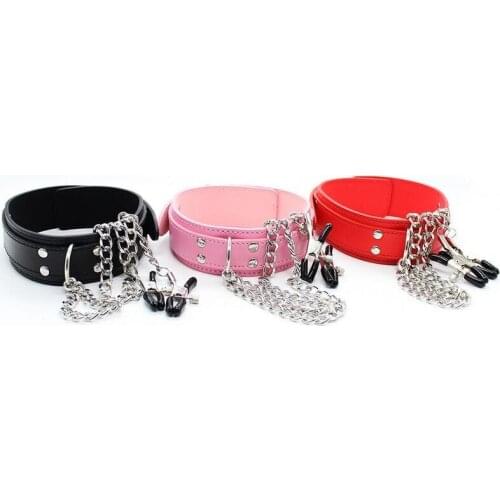 Faux Leather Choker Collar With Nipple Breast Clamp Clip Chain SM Sex Toys For Woman Couples Adult Games 3 Colors New 2021