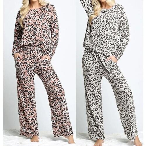 Pajamas Skin-friendly Loose Leopard Print Women Base Layer Thermal Underwear Sleepwear Home Suit Female Pajamas 2-piece Set