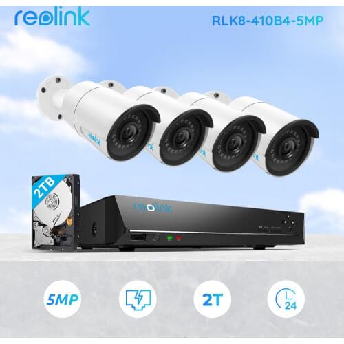 Reolink 5MP Poe Camera System 8ch PoE NVR&4 PoE IP Cameras Bullet Outdoor HD Video audio Surveillance Kit 2TB HDD RLK8-410B4-5MP