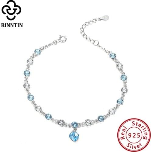 Rinntin Adjustable 925 Silver Bracelet For Women Luxury Crystal Heart Charm Bracelet AAAA CZ Female Jewelry Love Bracelet SWB01