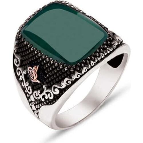 Silver Green Agate Stone Sides Tuğralı Male Ring