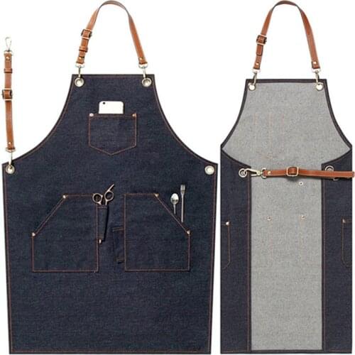 Blue Gray Denim Bib Apron Cowhide Leather Strap Barber Florist Gardener Work Wear Barista Cafe Bartender Pastry Chef Uniform K21