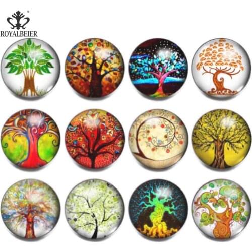 ROYALBEIER 12pcs/lot Mixed Colors 18mm Glass Cabochon Tree of Life Snap Buttons fit DIY Snap Bracelet Jewelry Print Buttons