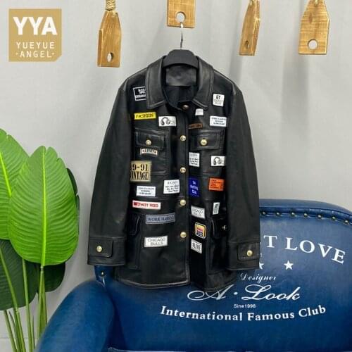 Punk Women Genuine Leather Jacket Single Breasted Designer Long Sleeve Patchwork Real Sheepskin Coat Streetwear Bikers Jackets