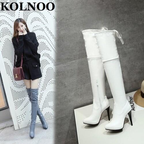 KOLNOO Handmade Womens 10cm High Heels Boots All-Matching Pointed-Toe Over Knee Boots Sexy Evening Club Fashion Winter Shoes