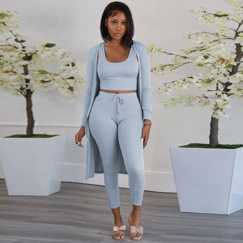 Women 3 Three Piece Matching Set Autumn Winter Clothes Ribbed Knitted Tank Top+empire Pencil Legging+long Sleeve Open Stitch