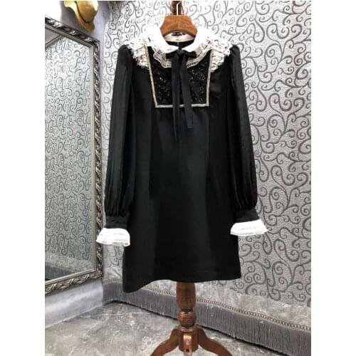 High Quality Designer Dress 2021 Autumn Women White Lace Beading Deco Flare Sleeve Straight Black Elegant Dress Clothing Ladies