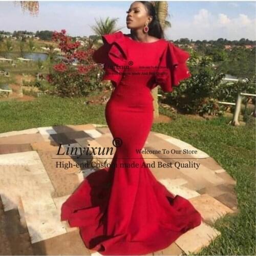 Red Mermaid Prom Dresses Short Ruffles Sleeves 2021 Women Long Sweep Train Jewel Neck Formal Evening Dress robes de soirée