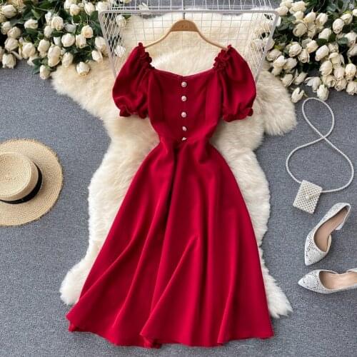 Vintage Casual Ruffle Midi Dress Women Puff Sleeve A Line Square Collar Pearl Button Elegant Christmas Party Dress Red Black New